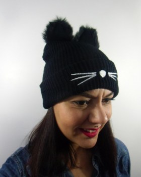 Bonnet noir original hiver tête chat oreilles fourrure