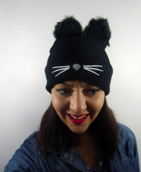 Bonnet noir original hiver tête chat oreilles fourrure
