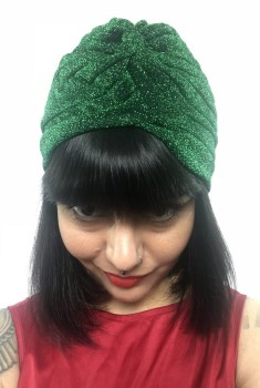 Bonnet turban vert émeraude original à paillettes