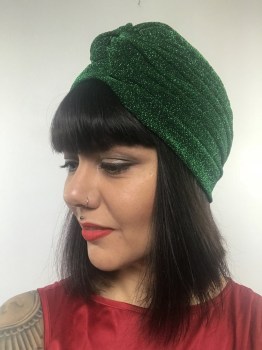 Bonnet turban vert émeraude original à paillettes