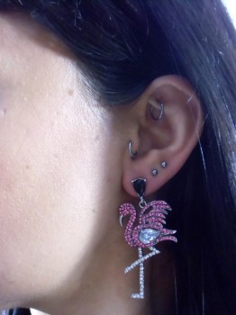 Boucles d'oreilles oiseau flamants roses strass