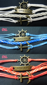 Bracelet cordon et métal ancre marine, barre et dream