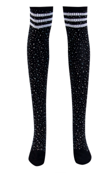 Chaussettes montantes noires bandes blanches à strass brillants