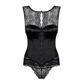 Corset noir bi-matière tissu satiné et dentelle glamour