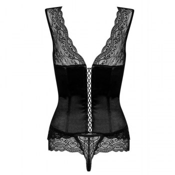 Corset noir bi-matière tissu satiné et dentelle glamour