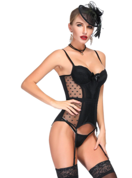 Corset zippé noir simili-cuir et dentelle goutte d'eau