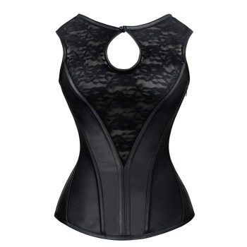 Corset zippé noir simili-cuir et dentelle goutte d'eau