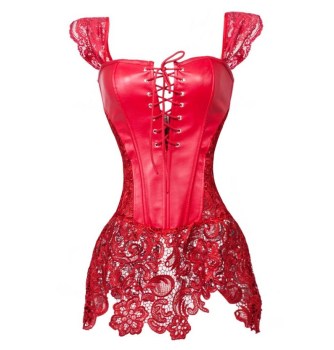 Corset simili cuir et dentelle rouge rock et glamour