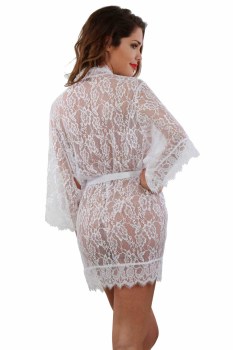 Déshabillé kimono blanc en dentelle transparente sexy pin-up