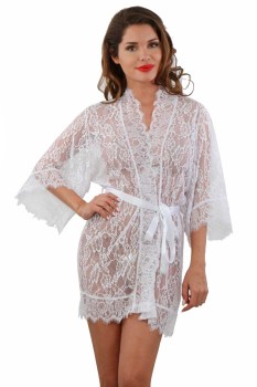 Déshabillé kimono blanc en dentelle transparente sexy pin-up