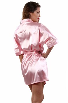 Déshabillé kimono rose en satin sexy pin-up