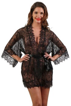 Déshabillé kimono noir en dentelle transparente sexy pin-up