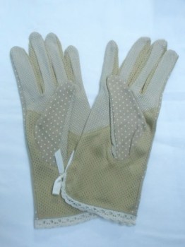 Gants courts beige tissu à pois noeuds aux poignets