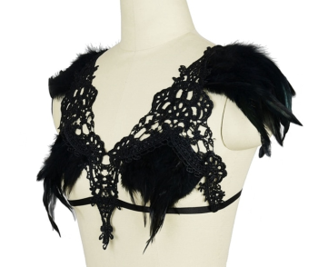 Soutien-gorge burlesque harnais crochet et plumes noires