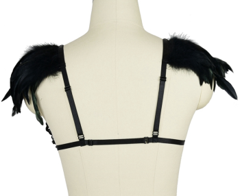 Soutien-gorge burlesque harnais crochet et plumes noires