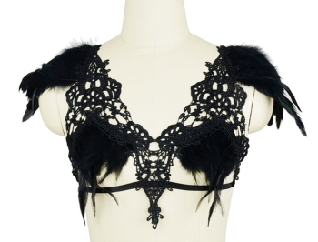 Soutien-gorge burlesque harnais crochet et plumes noires