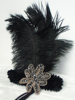 Headband rétro sequin noir plumes d'autruches perles