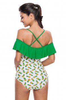 Maillot de bain 1 pièce blanc vert fruits ananas pin-up