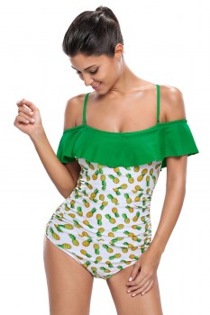 Maillot de bain 1 pièce blanc vert fruits ananas pin-up