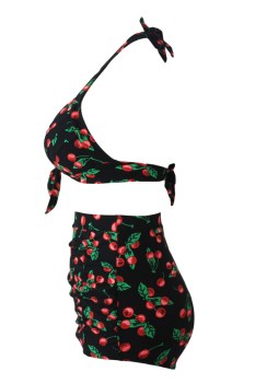 Maillot de bain bikini taille haute noir à cerises