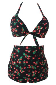 Maillot de bain bikini taille haute noir à cerises