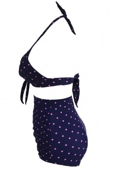 Maillot de bain bikini taille haute bleu à pois roses