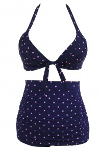 Maillot de bain bikini taille haute bleu à pois roses