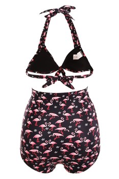 Maillot de bain bikini taille haute noir flamants roses