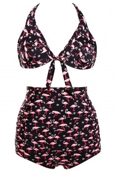 Maillot de bain bikini taille haute noir flamants roses