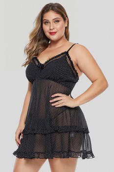 Nuisette grande taille noire à pois blancs transparente