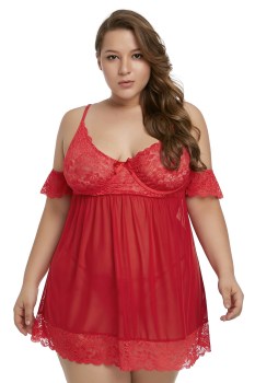 Nuisette grande taille transparente rouge à pois épaules tombantes