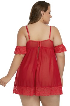 Nuisette grande taille transparente rouge à pois épaules tombantes