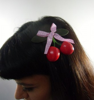 Pince clip à cheveux cerises noeud vichy rose et blanc