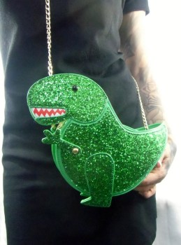 Sac à main original forme dinosaure T-rex vert paillettes