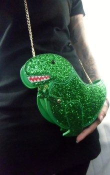Sac à main original forme dinosaure T-rex vert paillettes