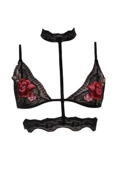 Soutien-gorge harnais noir dentelle brodé roses rouges