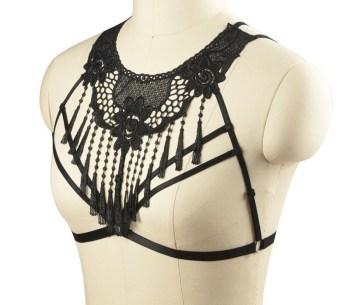 Soutien-gorge burlesque harnais crochet fleurs pompons