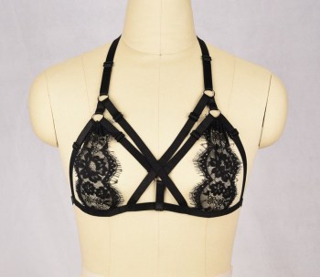 Soutien-gorge harnais noir élastique et dentelle lanières