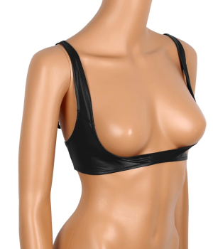 Soutien-gorge coquin seins-nus ouvert simili-cuir noir mat