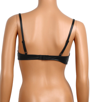 Soutien-gorge coquin seins-nus ouvert simili-cuir noir mat