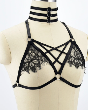 Soutien-gorge harnais noir élastique dentelle et collier