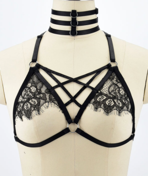 Soutien-gorge harnais noir élastique dentelle et collier