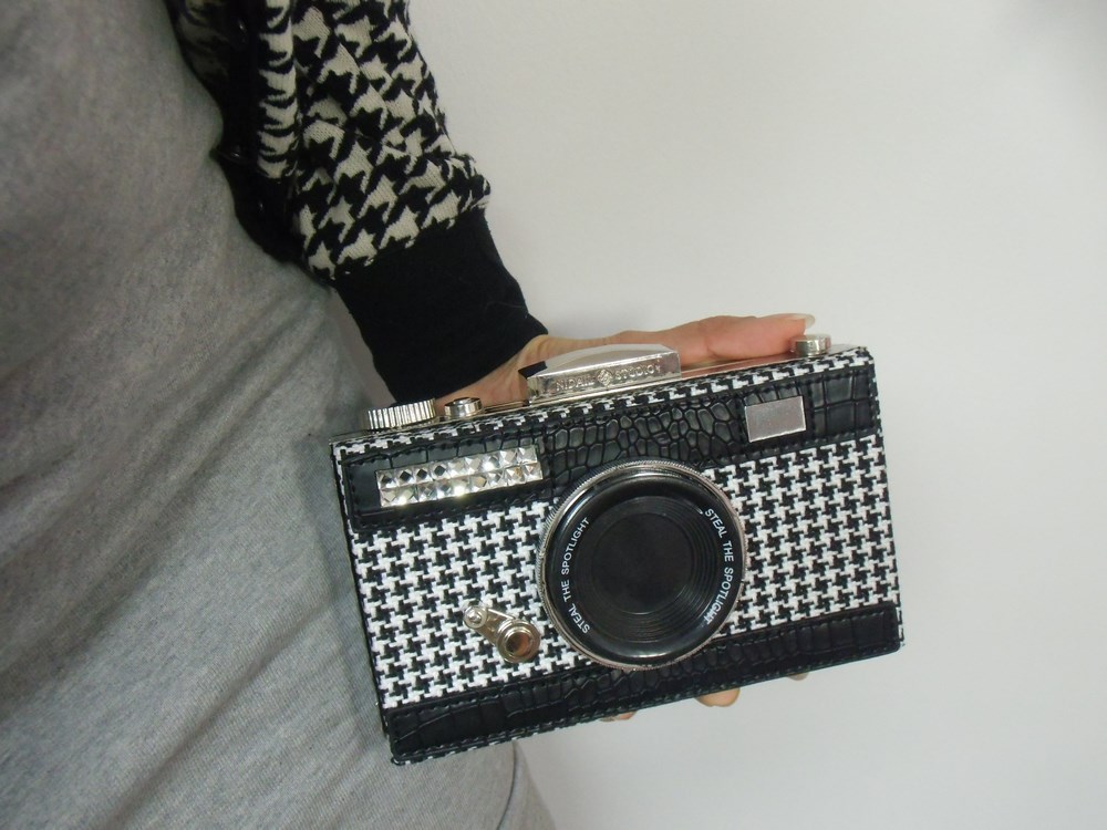 Sac à main minaudière appareil photos pied de poule noir