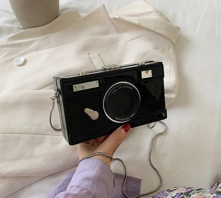 Sac à main minaudière noir en forme d'appareil photos vintage 
