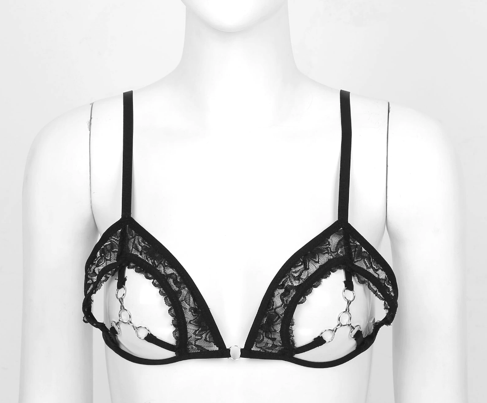 Soutien Gorge Coquin Seins Nus Dentelle Noire Chaines Métal